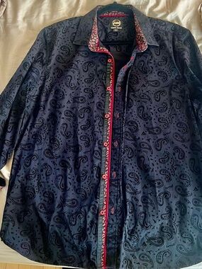 Ameri Mode Men's black Paisley Button-Down Shirt with Red Trim